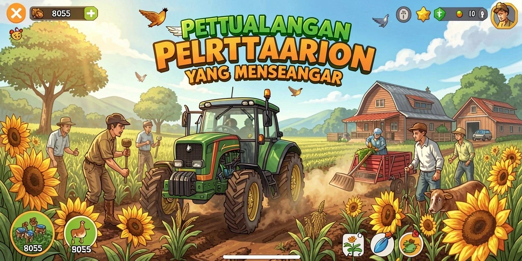 Tangkapan layar utama 8055 menunjukkan gameplay bertani yang interaktif dan menarik.