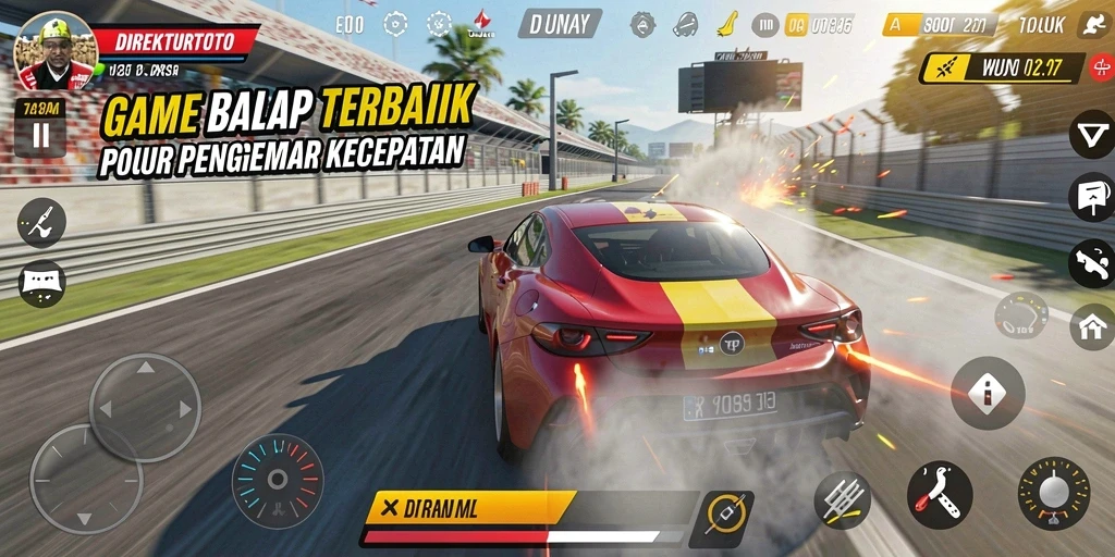 Tampilan gameplay balapan di <strong>DIREKTURTOTO</strong> menampilkan aksi mendebarkan dengan kendaraan yang melaju kencang.
