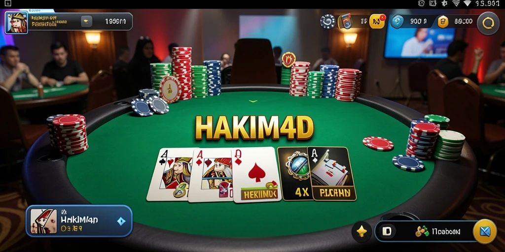 Tampilan gameplay HAKIM4D dengan grafis yang memukau dan aksi poker yang seru.