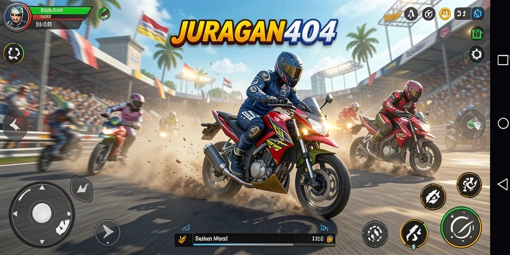 Tampilan layar utama JURAGAN404 dengan aksi balapan motor yang seru.