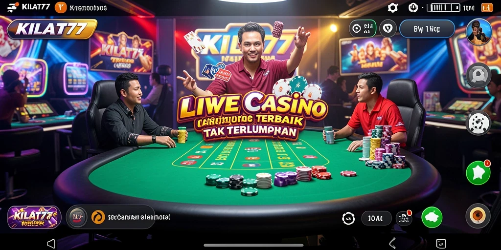 Screenshot KILAT77 menampilkan dealer langsung dan pemain yang berinteraksi dalam permainan yang mendebarkan.