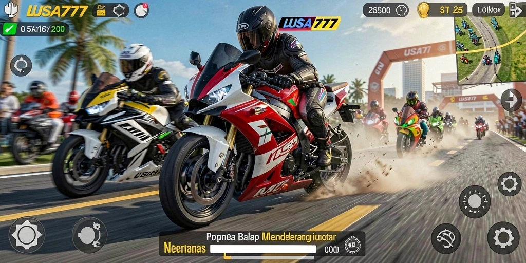 Tampilan gameplay LUSA777 dengan balapan motor yang seru dan menantang.