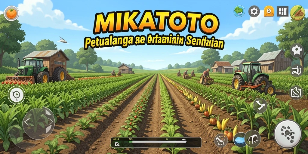 Screenshot gameplay MIKATOTO menampilkan kebun yang rimbun dan aktivitas bertani.