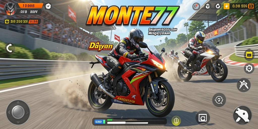 Gameplay MONTE77 menampilkan balapan motor yang cepat dan seru.