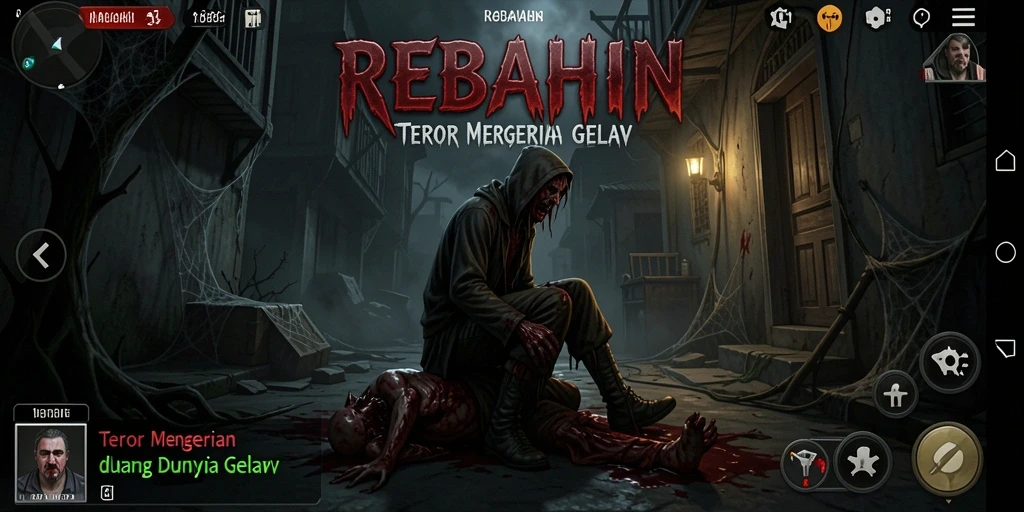 Tangkapan layar menampilkan suasana menyeramkan dalam gameplay REBAHIN.