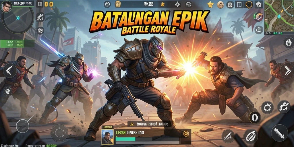 Screenshot utama RK88 menampilkan aksi pertempuran intens dalam dunia Battle Royale.