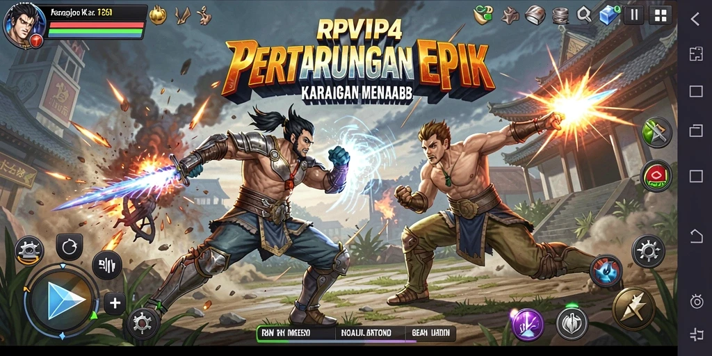 Screenshot utama menampilkan pertarungan seru antara dua karakter di arena.