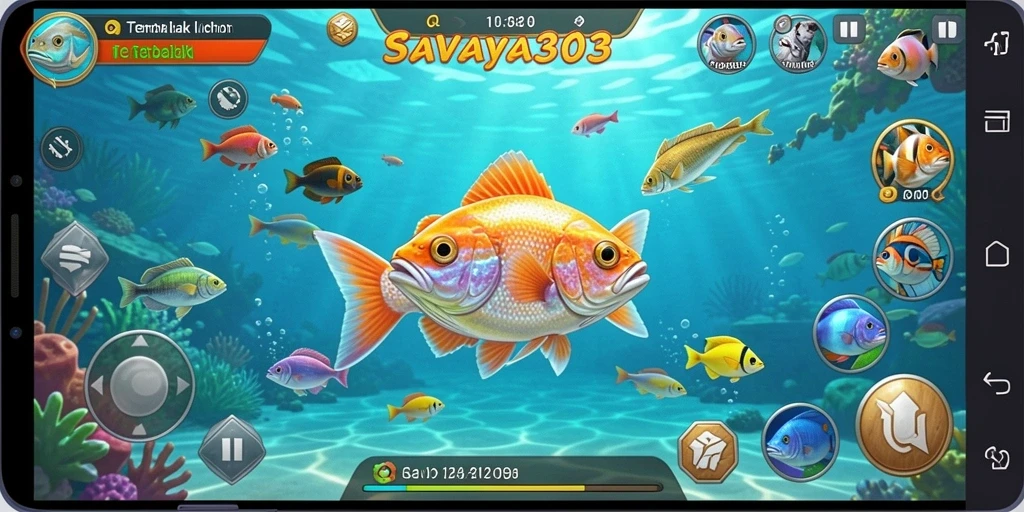 Tampilan gameplay SAVAYA303 yang menampilkan aksi menembak ikan.