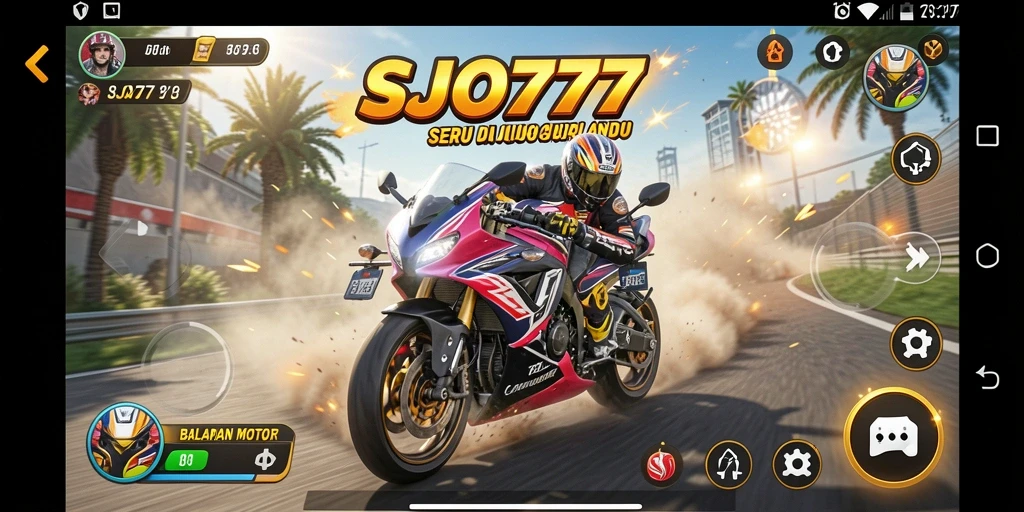 Screenshot gameplay SJO777 yang menampilkan balapan motor penuh aksi.